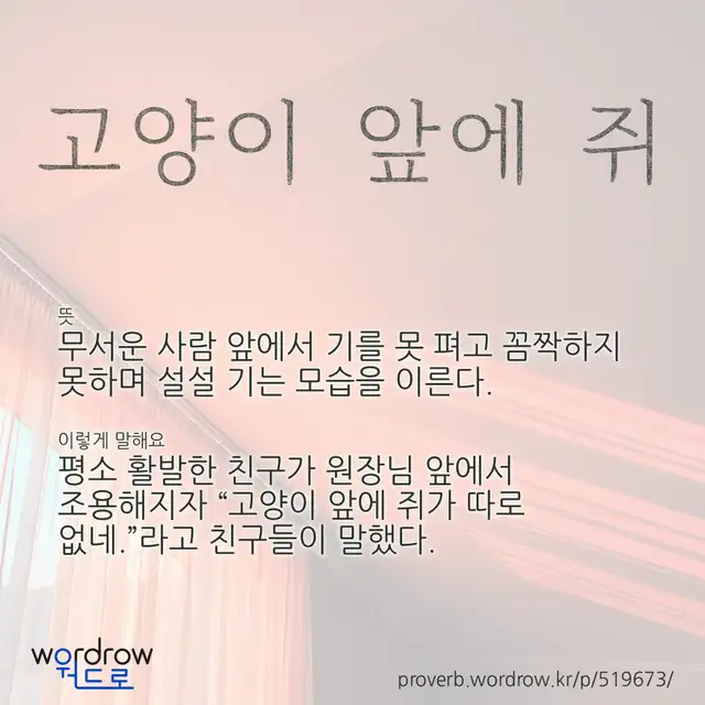 “고양이 앞에 쥐” 글씨와 뜻·예문이 완성된 속담 영상 포스터