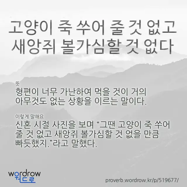 “고양이 죽 쑤어 줄 것 없고 새앙쥐 볼가심할 것 없다” 글씨와 뜻·예문이 완성된 속담 영상 포스터