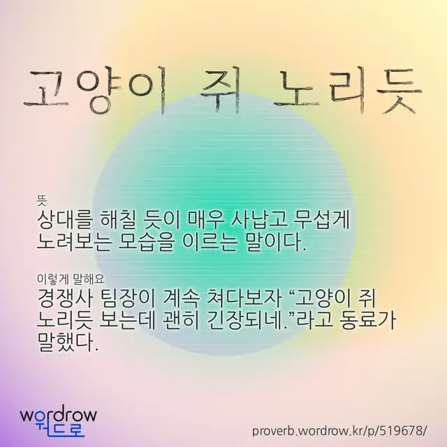 “고양이 쥐 노리듯” 글씨와 뜻·예문이 완성된 속담 영상 포스터