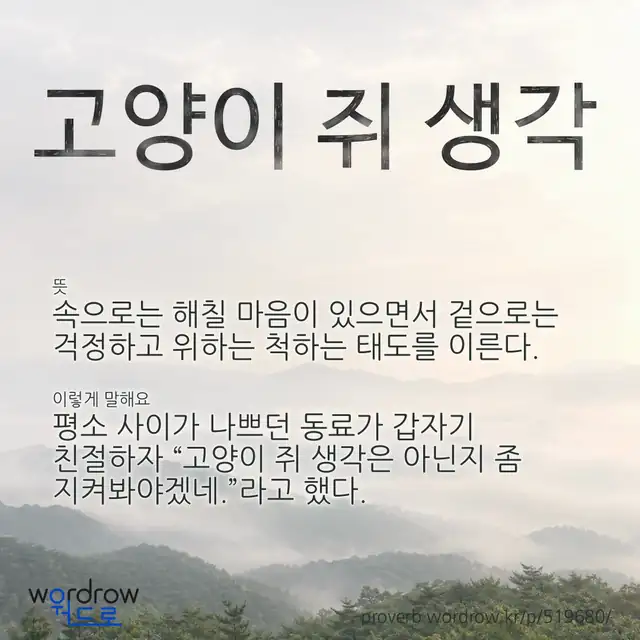 “고양이 쥐 생각” 글씨와 뜻·예문이 완성된 속담 영상 포스터
