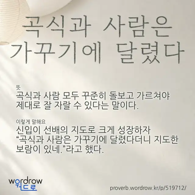 “곡식과 사람은 가꾸기에 달렸다” 글씨와 뜻·예문이 완성된 속담 영상 포스터