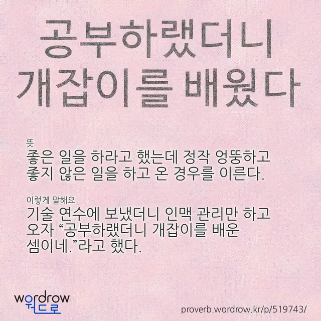 “공부하랬더니 개잡이를 배웠다” 글씨와 뜻·예문이 완성된 속담 영상 포스터