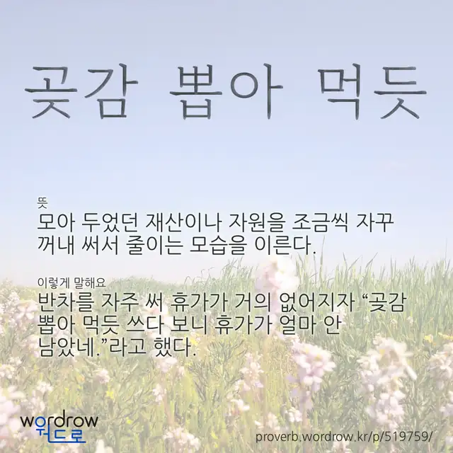 “곶감 뽑아 먹듯” 글씨와 뜻·예문이 완성된 속담 영상 포스터