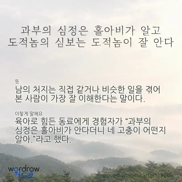 “과부의 심정은 홀아비가 알고 도적놈의 심보는 도적놈이 잘 안다” 글씨와 뜻·예문이 완성된 속담 영상 포스터