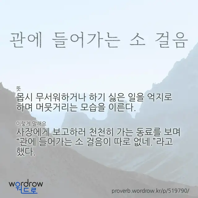 “관에 들어가는 소 걸음” 글씨와 뜻·예문이 완성된 속담 영상 포스터
