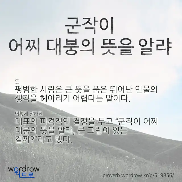 “군작이 어찌 대붕의 뜻을 알랴” 글씨와 뜻·예문이 완성된 속담 영상 포스터