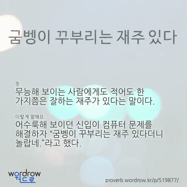 “굼벵이 꾸부리는 재주 있다” 글씨와 뜻·예문이 완성된 속담 영상 포스터