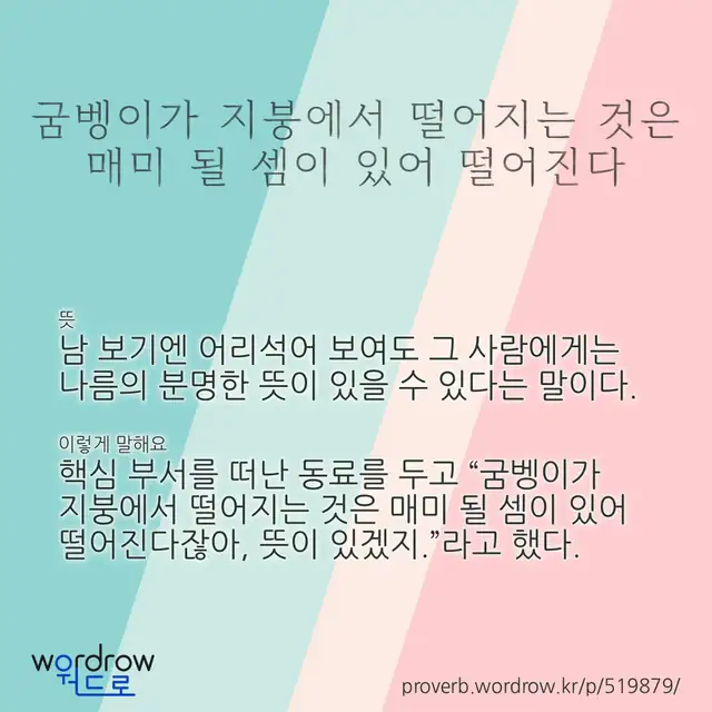 “굼벵이가 지붕에서 떨어지는 것은 매미 될 셈이 있어 떨어진다” 글씨와 뜻·예문이 완성된 속담 영상 포스터
