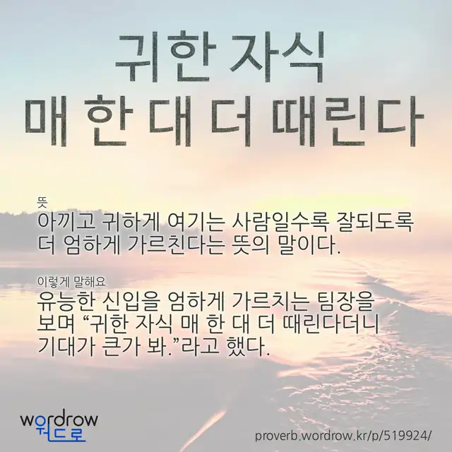 “귀한 자식 매 한 대 더 때린다” 글씨와 뜻·예문이 완성된 속담 영상 포스터