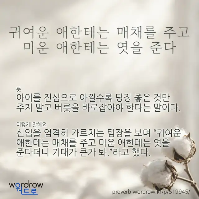 “귀여운 애한테는 매채를 주고 미운 애한테는 엿을 준다” 글씨와 뜻·예문이 완성된 속담 영상 포스터