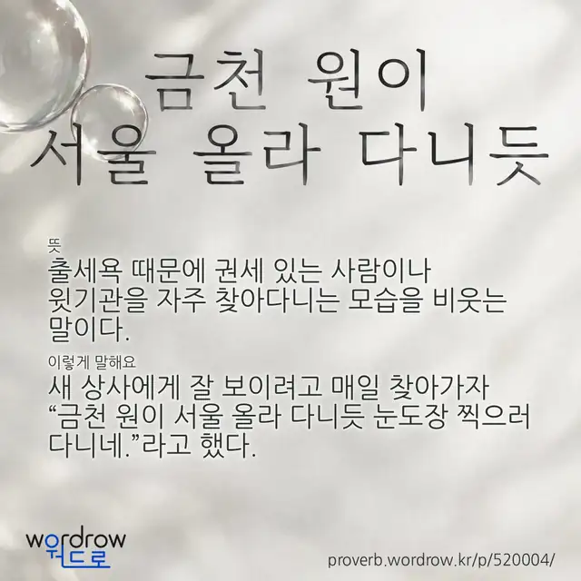 “금천 원이 서울 올라 다니듯” 글씨와 뜻·예문이 완성된 속담 영상 포스터