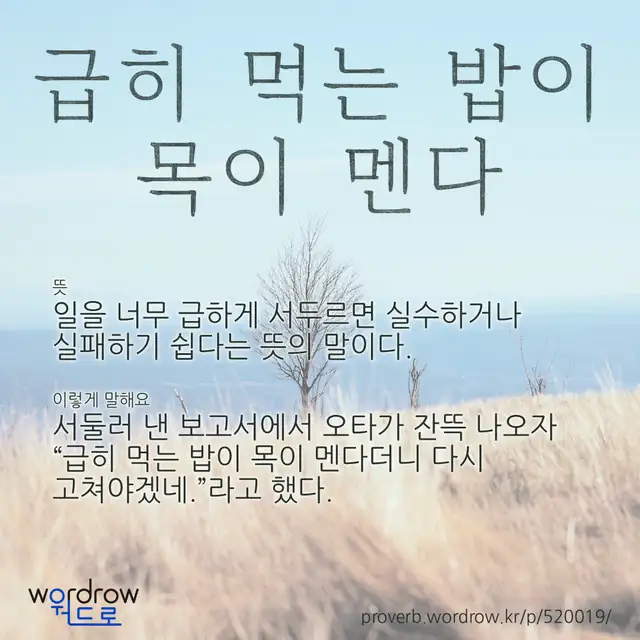 “급히 먹는 밥이 목이 멘다” 글씨와 뜻·예문이 완성된 속담 영상 포스터