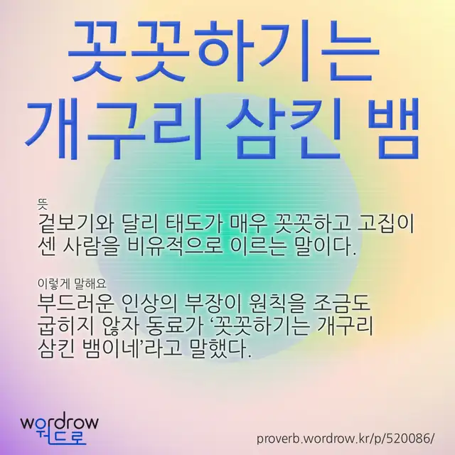“꼿꼿하기는 개구리 삼킨 뱀” 글씨와 뜻·예문이 완성된 속담 영상 포스터