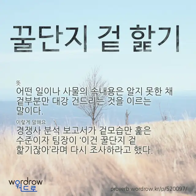 “꿀단지 겉 핥기” 글씨와 뜻·예문이 완성된 속담 영상 포스터