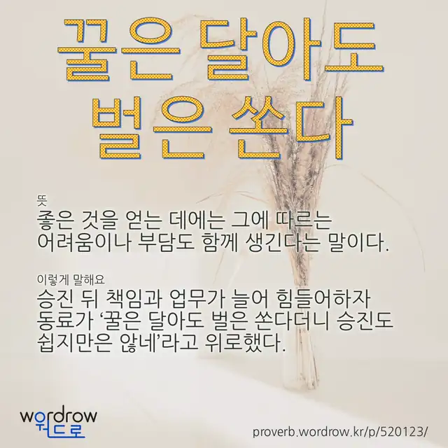 “꿀은 달아도 벌은 쏜다” 글씨와 뜻·예문이 완성된 속담 영상 포스터