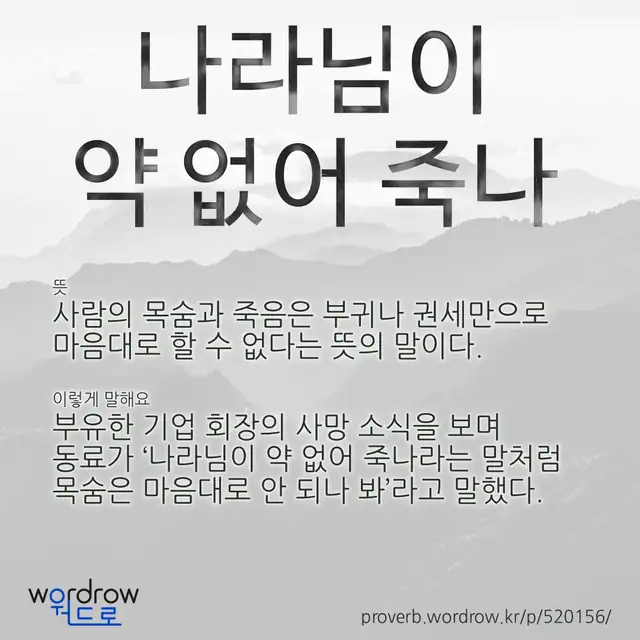 “나라님이 약 없어 죽나” 글씨와 뜻·예문이 완성된 속담 영상 포스터