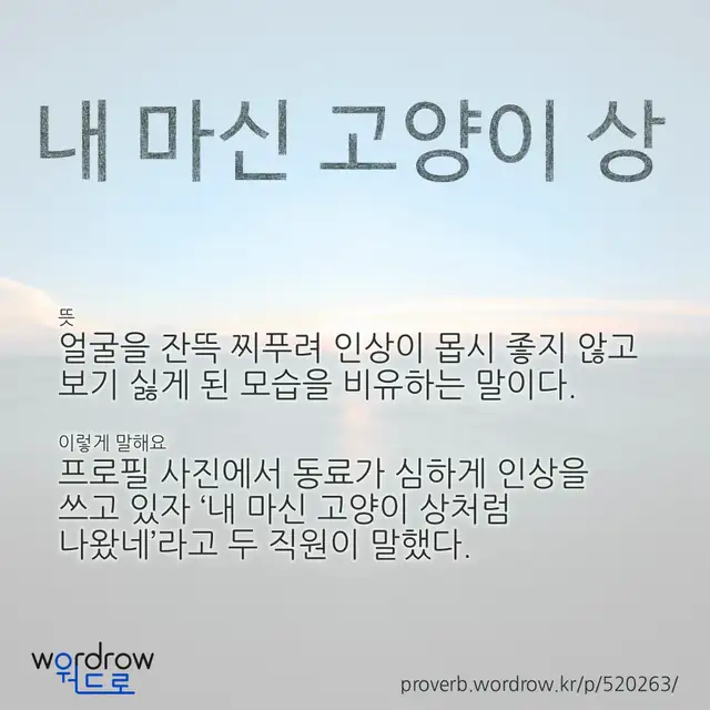 “내 마신 고양이 상” 글씨와 뜻·예문이 완성된 속담 영상 포스터