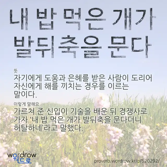 “내 밥 먹은 개가 발뒤축을 문다” 글씨와 뜻·예문이 완성된 속담 영상 포스터