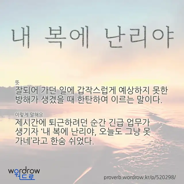 “내 복에 난리야” 글씨와 뜻·예문이 완성된 속담 영상 포스터