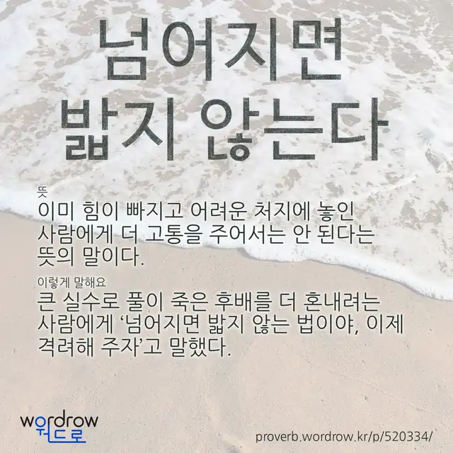 “넘어지면 밟지 않는다” 글씨와 뜻·예문이 완성된 속담 영상 포스터