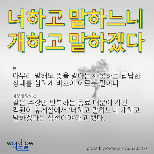 “너하고 말하느니 개하고 말하겠다” 글씨와 뜻·예문이 완성된 속담 영상 포스터
