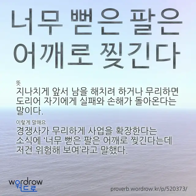 “너무 뻗은 팔은 어깨로 찢긴다” 글씨와 뜻·예문이 완성된 속담 영상 포스터
