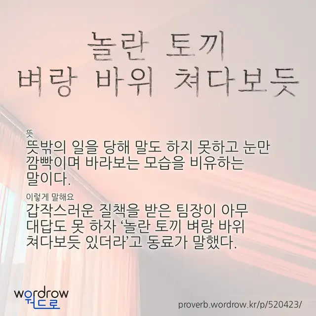 “놀란 토끼 벼랑 바위 쳐다보듯” 글씨와 뜻·예문이 완성된 속담 영상 포스터