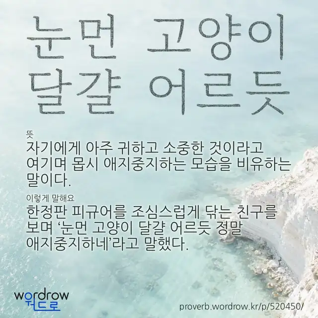 “눈먼 고양이 달걀 어르듯” 글씨와 뜻·예문이 완성된 속담 영상 포스터