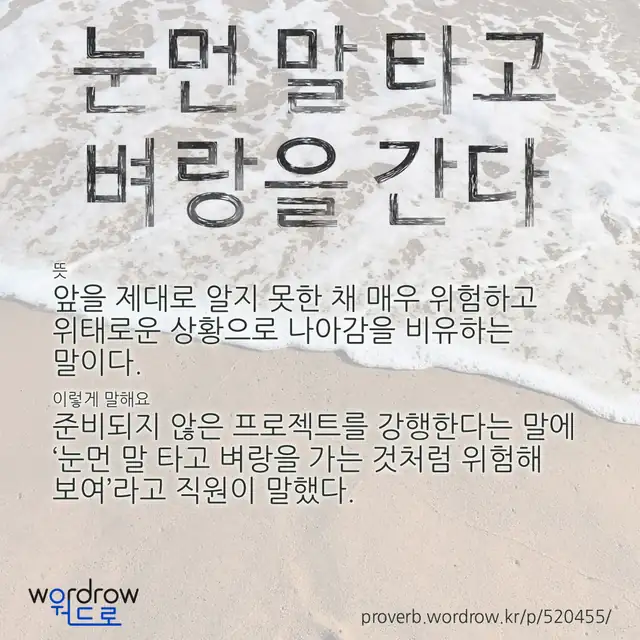 “눈먼 말 타고 벼랑을 간다” 글씨와 뜻·예문이 완성된 속담 영상 포스터