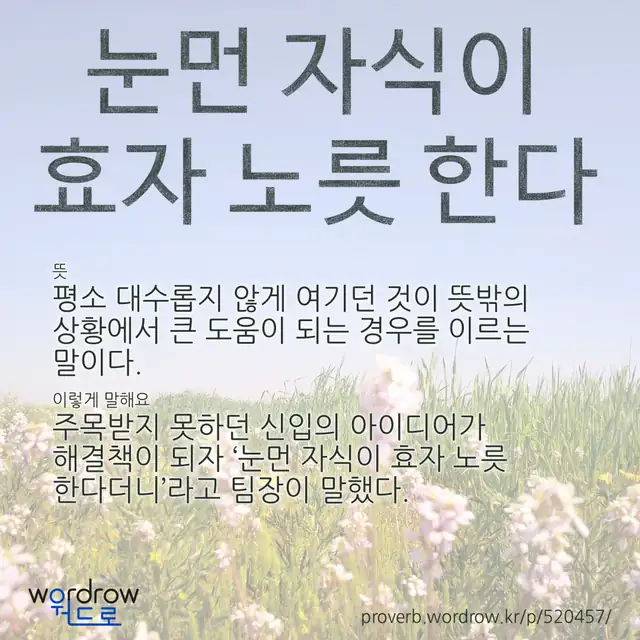 “눈먼 자식이 효자 노릇 한다” 글씨와 뜻·예문이 완성된 속담 영상 포스터