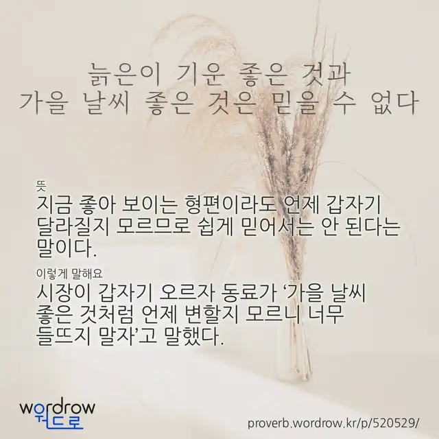 “늙은이 기운 좋은 것과 가을 날씨 좋은 것은 믿을 수 없다” 글씨와 뜻·예문이 완성된 속담 영상 포스터