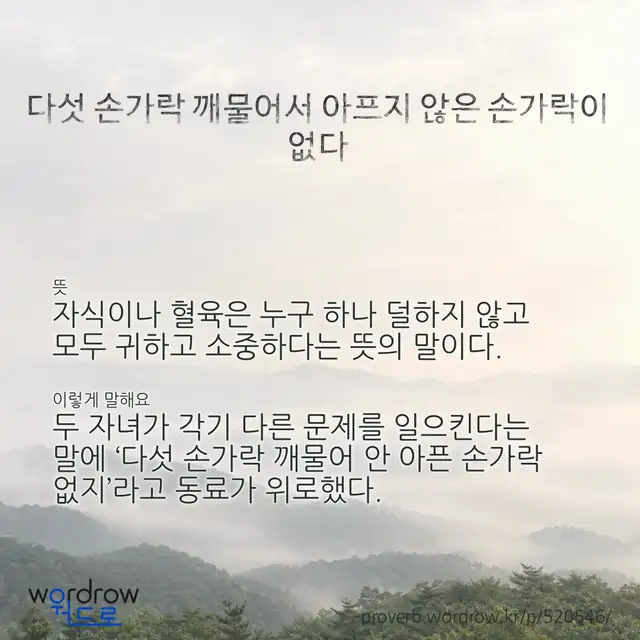 “다섯 손가락 깨물어서 아프지 않은 손가락이 없다” 글씨와 뜻·예문이 완성된 속담 영상 포스터