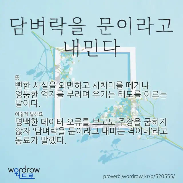 “담벼락을 문이라고 내민다” 글씨와 뜻·예문이 완성된 속담 영상 포스터