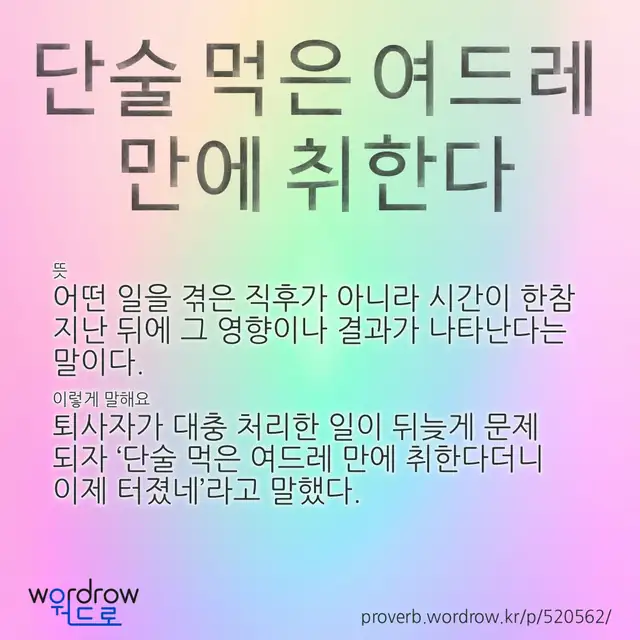 “단술 먹은 여드레 만에 취한다” 글씨와 뜻·예문이 완성된 속담 영상 포스터