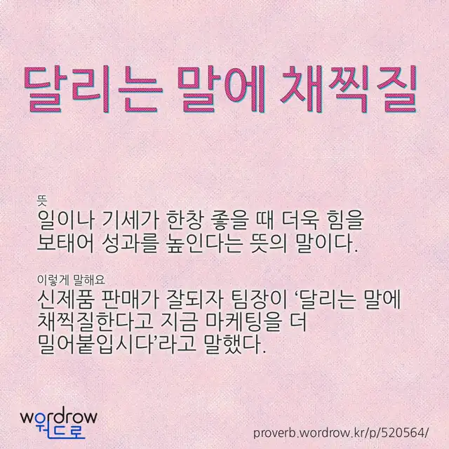 “달리는 말에 채찍질” 글씨와 뜻·예문이 완성된 속담 영상 포스터