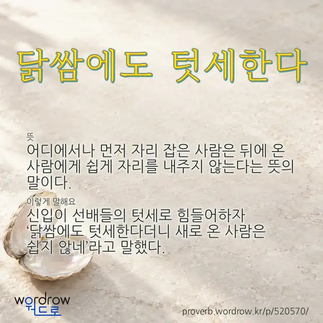 “닭쌈에도 텃세한다” 글씨와 뜻·예문이 완성된 속담 영상 포스터