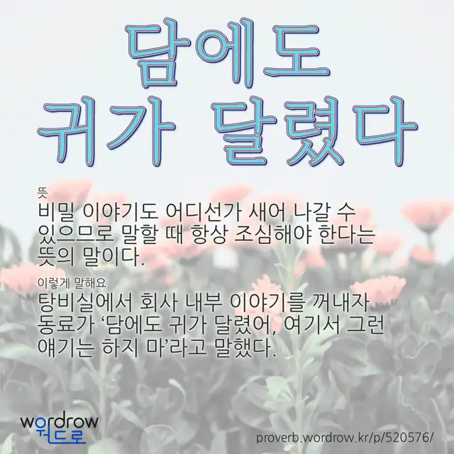 “담에도 귀가 달렸다” 글씨와 뜻·예문이 완성된 속담 영상 포스터