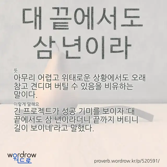 “대 끝에서도 삼 년이라” 글씨와 뜻·예문이 완성된 속담 영상 포스터