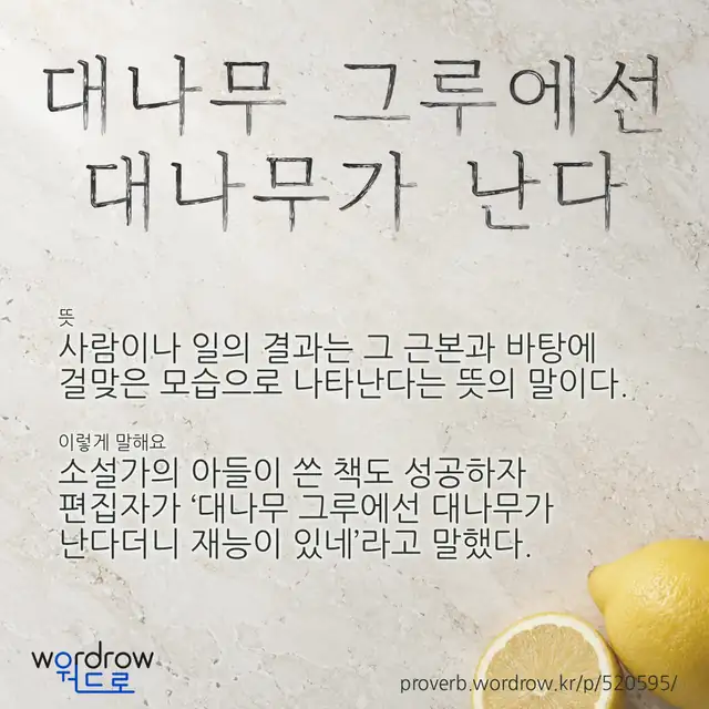“대나무 그루에선 대나무가 난다” 글씨와 뜻·예문이 완성된 속담 영상 포스터