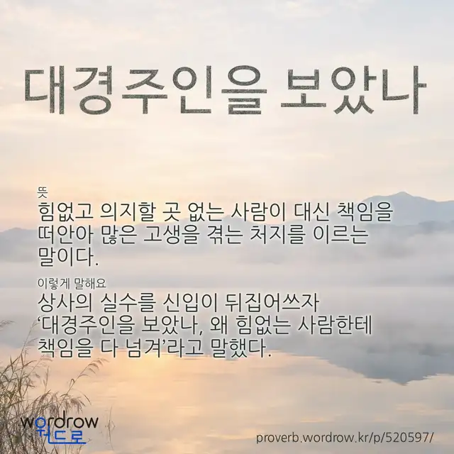 “대경주인을 보았나” 글씨와 뜻·예문이 완성된 속담 영상 포스터