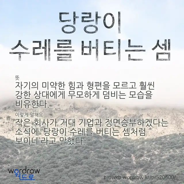 “당랑이 수레를 버티는 셈” 글씨와 뜻·예문이 완성된 속담 영상 포스터