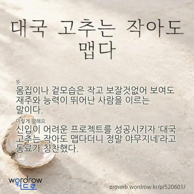 “대국 고추는 작아도 맵다” 글씨와 뜻·예문이 완성된 속담 영상 포스터