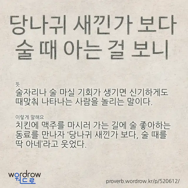 “당나귀 새낀가 보다 술 때 아는 걸 보니” 글씨와 뜻·예문이 완성된 속담 영상 포스터