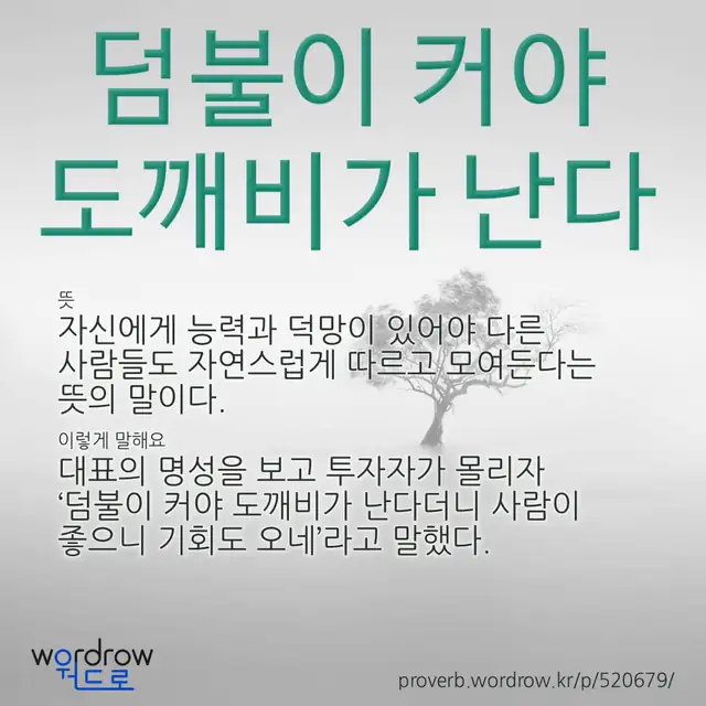 “덤불이 커야 도깨비가 난다” 글씨와 뜻·예문이 완성된 속담 영상 포스터