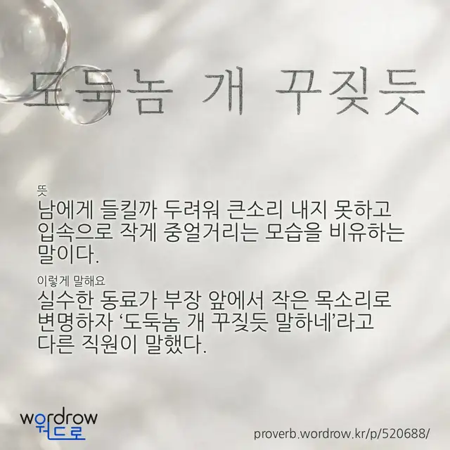 “도둑놈 개 꾸짖듯” 글씨와 뜻·예문이 완성된 속담 영상 포스터
