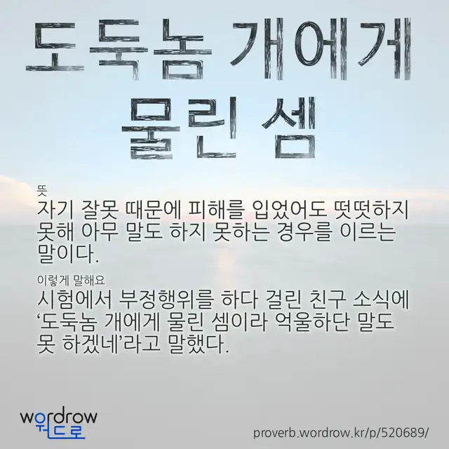 “도둑놈 개에게 물린 셈” 글씨와 뜻·예문이 완성된 속담 영상 포스터