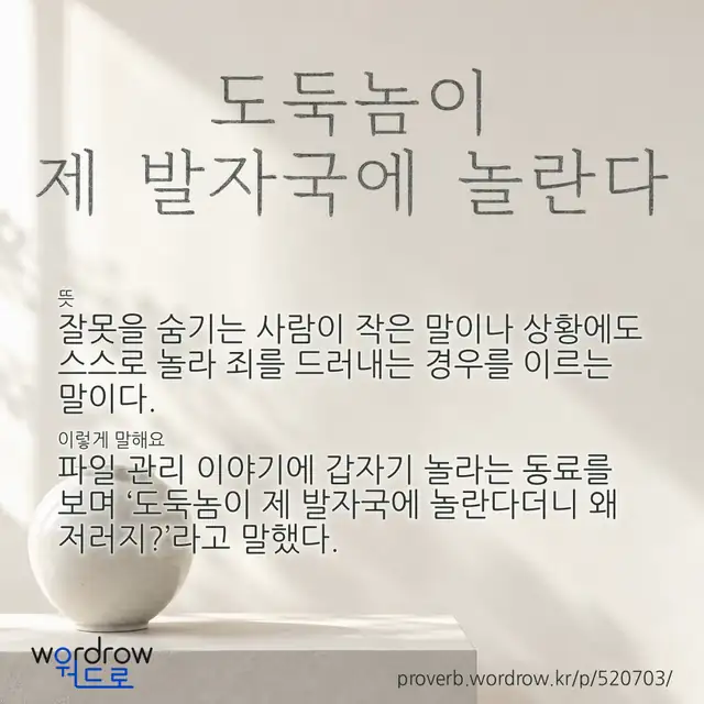 “도둑놈이 제 발자국에 놀란다” 글씨와 뜻·예문이 완성된 속담 영상 포스터