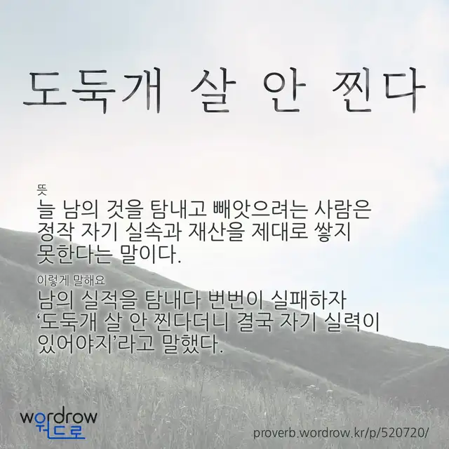 “도둑개 살 안 찐다” 글씨와 뜻·예문이 완성된 속담 영상 포스터