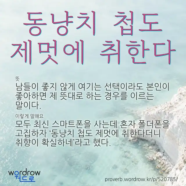 “동냥치 첩도 제멋에 취한다” 글씨와 뜻·예문이 완성된 속담 영상 포스터
