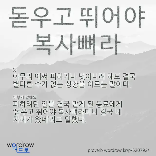 “돋우고 뛰어야 복사뼈라” 글씨와 뜻·예문이 완성된 속담 영상 포스터